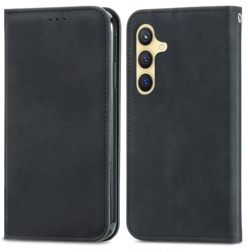 Reevermap Magnetic Case Compatible with S25, Card Holder Ring Kickstand Shockproof Detachable Wallet Slim Vegan Leather Shell Silicone Bumper Case for S25, Black
