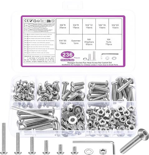 236 Pcs M4 Bolts and Nuts Set, M4 Nuts and Bolts Set, Round Head Hexagon Socket Screws and Washers, Silvery Hex Socket Button Head Cap Machine Screws Kit