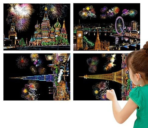 Pittura da grattare per adulti, arte da grattare per adulti | Scratchboard con vista notturna della serie City da 4 fogli - Set fai da te con penna, carta arcobaleno per pittura da grattare A4 per adu