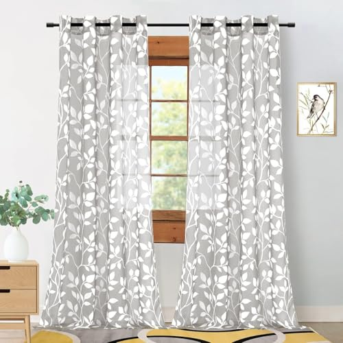 MRTREES Vorhang mit Ösen Grau Durchsichtig Gardinen Voile mit Muster Weißen Blätterdrucken 2er Set, 240 cm Lang, 140 cm Breit, Vorhänge Wohnzimmer Schlafzimmer Kinderzimmer Curtains for Bedroom