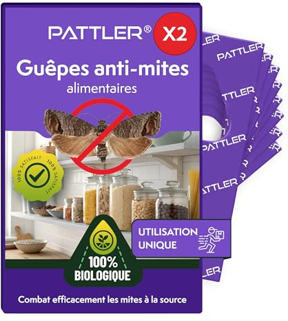 PATTLER® Guêpes Anti Mite Alimentaires - Lutte Efficace Contre Les Mites. Alternative Aux Pièges, Sprays et Pièges à Phéromones - 2 Carte à Deployer avec 1 Livraison
