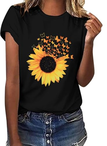 TOMEEK T Shirt Donna Cotone Maglietta Nera a Collo Tondo Magliette Donna a Manica Corta con Stampa Casual T-Shirt Moda Comodo Tops,Girasole,L