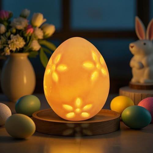 LED Ostereier Keramik, Osterdeko LED Osterei mit Beleuchtung Osterdeko Porzellan Ostereier mit Warmes Licht Osterdeko Keramik Osterei Batteriebetrieben Tischdeko Osterdeko für Innen Draußen (B)