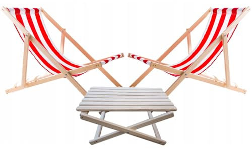 WOODOK set di 2 sedie a sdraio con tavolino Robusto legno di faggio, schienale regolabile, tessuto traspirante, capacità 120 kg, resistente (Righe rosse)