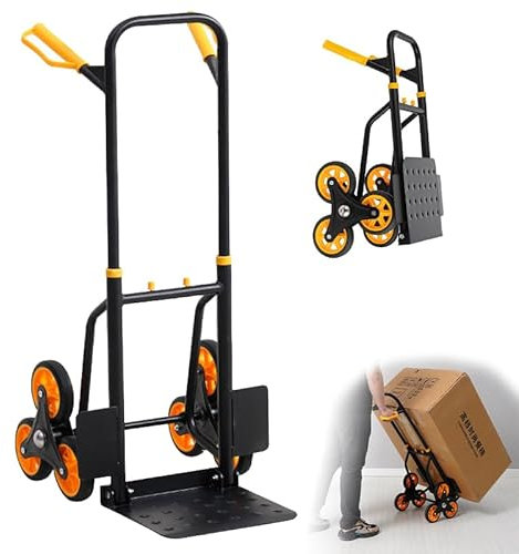 LSyySy Foldable Stair Climbing Trolley with 6x φ15.2cm Big Industrial Wheels, Heavy Duty Height Adjustable Steel Hand Truck with High Grip Silent Wheels, 150kg Capacity Incl. 2x Elastic Rope