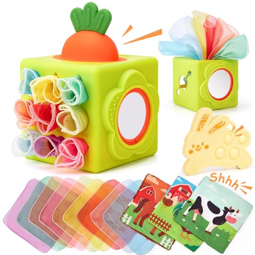 hahaland Jouet Montessori Bebe 6-12 Mois – Boite Mouchoir Bebe – Jouet sensoriel 6 en 1 avec lingettes, Miroir, Anneau de Dentition, Cadeau bébé Fille Garcon 1 an