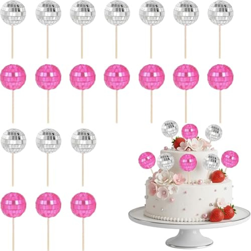 70s Disco Theme Cake Decoration, Mini Shiny Disco Balls Mix Bag, 10 Silver & 10 Pink, Cupcake Toppers Ornament with Stick, for Disco Theme Party Birthday Supplies (Silver+Pink, 20 Pcs)