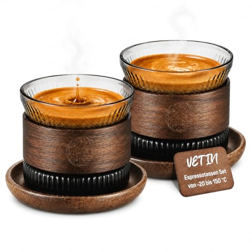 VETIN Espressotassen Set 2er – Espresso Gläser mit Untertassen & Holzring, 170 ml Borosilikatglas, hitzebeständig, für Espresso, Cappuccino & Latte, transparent schwarz