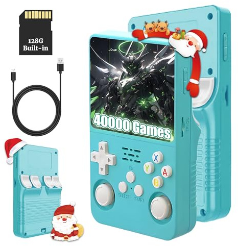 KINMRIS R36S - Console da gioco in stile retrò, schermo IPS da 3,5, 128 g, oltre 40.000 giochi, console di gioco portatile per bambini e adulti, supporta più emulatori (celeste)