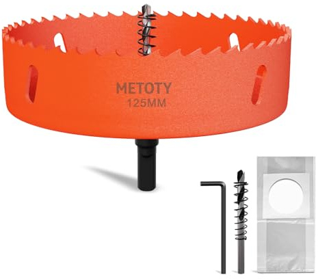 METOTY 125mm Bi-Metal Hole Saw,Universal HSS M42 Hole Saws,with Triangular Shaft Adapter and Centring Drill, One Free Dust Bag for Aluminum, Metals, Plastics, Acrylic Glass, Wood, Gypsum board