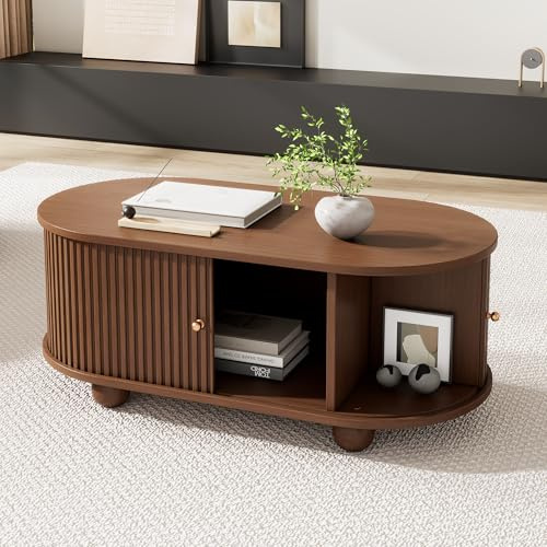 OKMYHOME Table Basse - avec Porte Coulissante 360° et Rangement Divisé, MDF Solide, Design Noyer, 100x50x40 cm - Brun