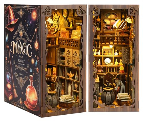 Nextyu Book Nook Kit, DIY Booknook Miniature House Building Kit with LED Lights, 3D Wooden Puzzle Bookend Bookshelf Decor, Mini Dollhouse Model Kits for Adults Teens (Magic Night Book Nook)