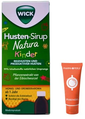 WICK Husten-Sirup Natura Kinder 1x 140 ml I Pflanzlicher Sirup bei Reizhusten & produktivem Husten I Mit Eibischwurzel I Honig-Erdbeer Geschmack I ohne Alkohol I Spar-Set plus Pharma Perle give-away