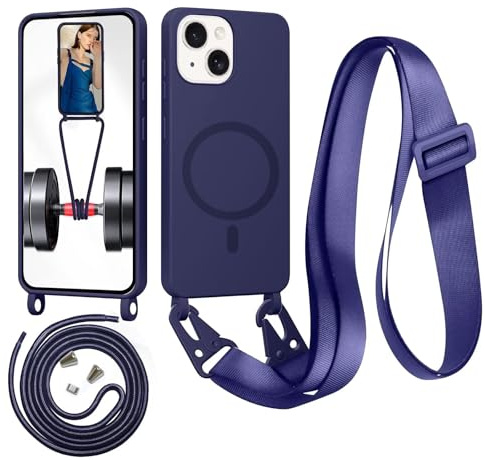 Belzsxy Handykette für iPhone 15 Hülle mit Band [Kompatibel mit Magsafe] Flüssig Silikon Necklace Handyhülle Magnetische Schutzhülle zum Umhängen Kordel für iPhone 15, Dunkelblau