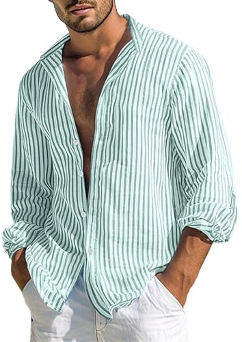 Chemise rayée en lin pour homme, col grand-père, décontractée, boutonnée, pour vacances, plage, ample, légère et confortable, hauts de vacances, Vert, 3XL