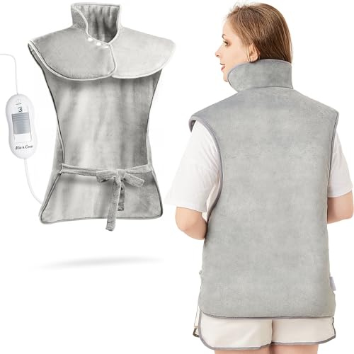 Electric Heating Pad for Back Neck and Shoulders (60x85cm) Heated Warmer Fast-Heat with Waist Strap, 6 Heat Levels, Auto-Off Timer, Grey
