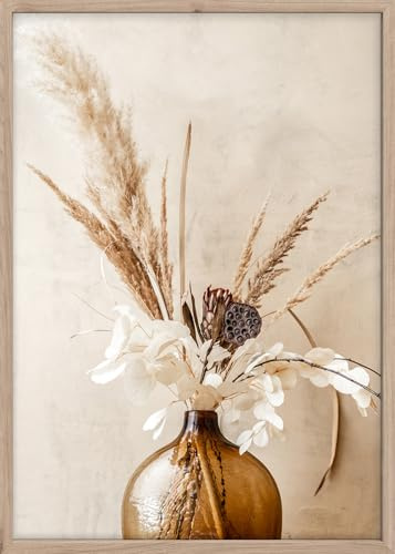 STYLER Bild Boho Vase 50 x 70 cm mit Holzrahmen – Pampasgras & Trockenblumen – Boho Japandi Wandbild Natur Beige