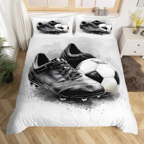 Housse de Couette 140x200 Ballons de Football Graffiti Parure de Lit 1 Personnes Baskets 3D Imprimée Doux Microfibre Literie 3 Pièces avec Fermeture Éclair et 2 Taies d'oreiller B-640