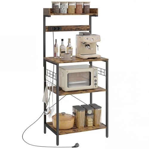 HOMCOM Estantería de Cocina con 2 Tomacorrientes, Estantería de Panadería Industrial con Estación de Café, Estante para Microondas, Estante Ajustable, Ganchos, 60x42x137 cm, Marrón Rústico y Negro