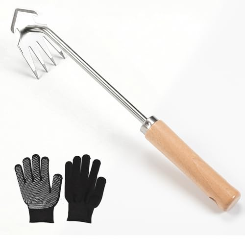 PUYTG Unserbante in acciaio inox, 33 cm, dispositivo 2 in 1 per rimuovere le erbacce con 4 denti e raschietto per fughe, set professionale per denti di leone con guanti, antiruggine, per aiuole e