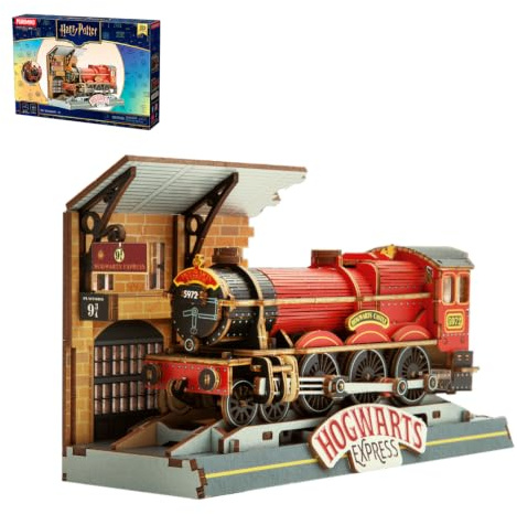 PUREMIND Harry Potter Hogwarts Express, 3D-Holzpuzzle Dampflok mit Gleis 9¾ | Offiziell lizenziert, Harry-Potter-Geschenke, mechanisches Radgestänge, bewegliche Räder, DIY-Aufbau, für Regal und Vitrine