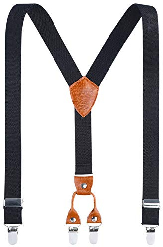 AWAYTR Kids Child Men Boy Suspenders - Adjustable Elastic Solid Color 4 Strong Clips Braces(27Inches (3 Years to 8 Years), Black)