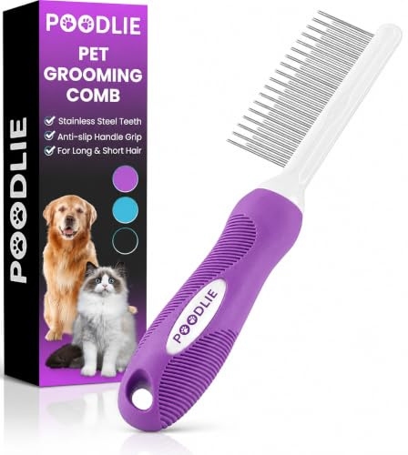 Poodle Pet Detangling Pet Comb for Dogs & Cats - Detangler Grooming Tool with Long & Short Stainless Steel Metal Teeth for Dematting Matted Fur, Combing Out Knots, Removing Tangles from Undercoat
