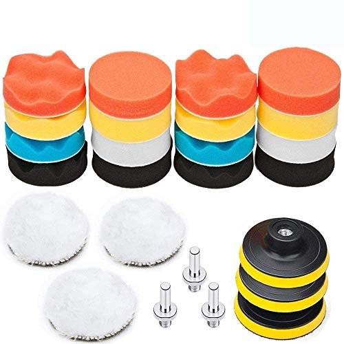 BangShou 25 Pack 3 Polishing Pads, Sponge Buff Pads Set Kit with M10 Drill Adapter, Compound Auto Car Polisher