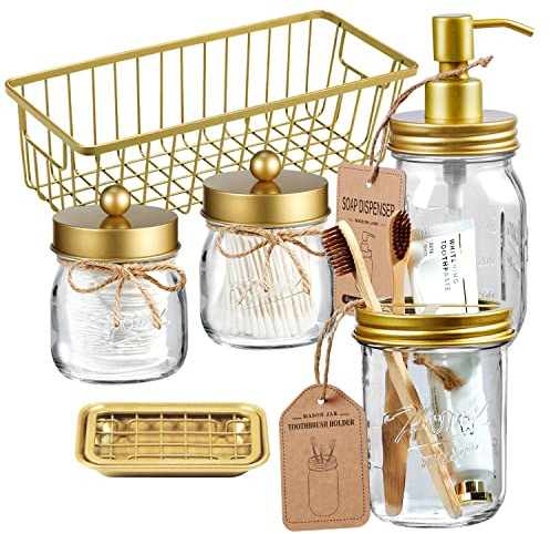 SheeChung 6Pcs Mason Jars Bathroom Accessories Set Complete - Toothbrush Holder, Lotion Soap Dispenser, 2 Mason Jars, Soap Dish, Toilet Paper Basket, Rustic Farmhouse Decor (Gold, 6Pcs Bathroom Set)