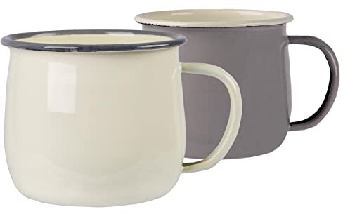 Argon Tableware Coloured Coffee Mugs - 375ml - Pack of 4 - Grey/Cream Metal Insulated Enamel Mugs Lightweight Camping Belly Latte Mug Hot Chocolate Mug