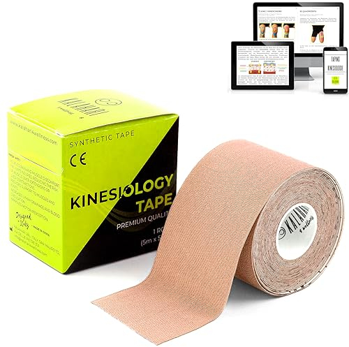 Kalahari Kinesiology Sports Tape Plus e-Book Applications – Elastic Waterproof K Tape for Better Adherence and Impermeability to Water, Sweat – Kinesio Taping for Muscle Recovery, 2in x 16,5ft - Skin