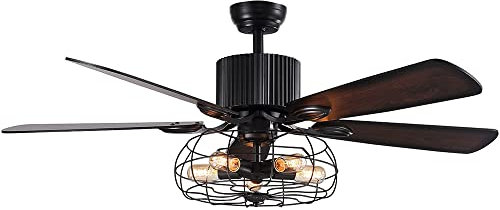 MNSSRN Ventilateur de Plafond Industriel rétro, Style Cage Country Cage pour Salle à Manger, Salon de Plafond Industriel de 52 Farme sans lambe à Lame avec Un Ventilateur léger