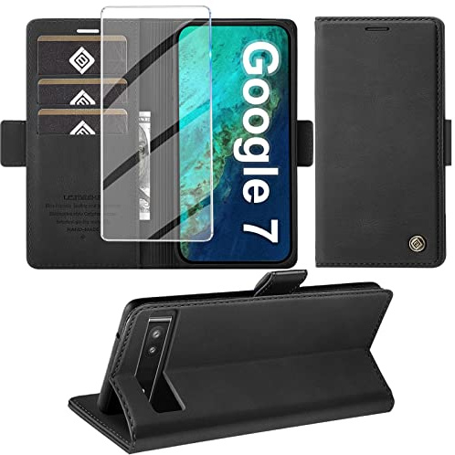Giyer Handyhülle für Google Pixel 7 Hülle mit Schutzfolie, Standfunktion Kartenfach Wallet Premium Leder Schutzhülle Pixel 7 5G Flip Case Cover Stoßfeste Klapphülle (Schwarz)