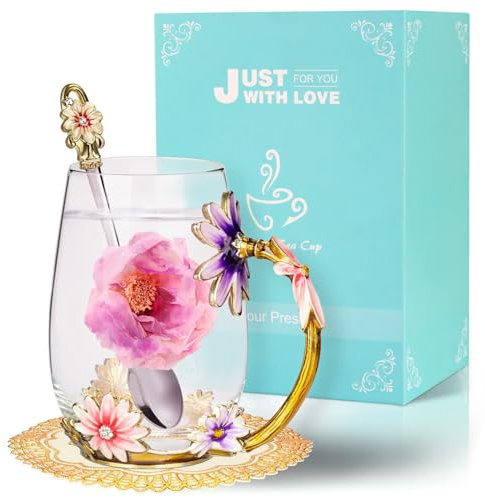 Wisolt Cadeau Fete des Meres Idee Cadeau Femme, Cadeau Maman, Cadeau Grand Mere, Cadeau Noel Femme, Cadeau Personnalisé, Tasse à Thé en Verre émaillé avec Cuillère et Tasse à Café