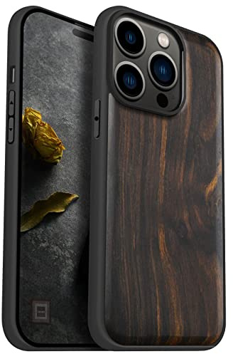 Carveit Holz Cover für iPhone 14 Pro, Dunklesholz-Schlichtem Holz | Handyhulle kompatibel MagSafe Massivholz für iPhone 14 Pro Handyhülle Stoßstange Weich TPU Case