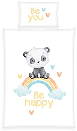 Herding Baby Best Flanell-Bettwäsche Regenbogen Panda, MADE IN GREEN by OEKO TEX, Kopfkissenbezug 40 x 60 cm mit Hoteleinschlag, Bettbezug 100 x 135 cm mit Reißverschluss, Baumwolle, Flanell