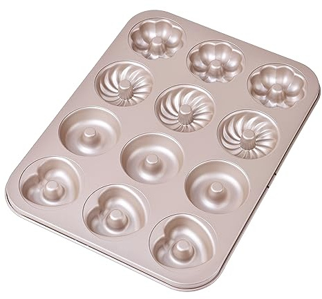 Bakeley Donut Mold Cake Pan, 12-Cavity Non-Stick Ring Doughnut Bakeware for Oven Baking (Champagne Gold)