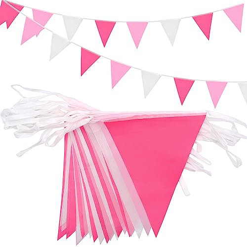 ADQUATOR 20m 52pcs Rose Gold Pink and White Pennant Bunting,Polyester Fabric Bunting Garland,Waterproof Flags,Reusable Bunting for Home Outdoor Birthday Wedding Party Mother's Day Decoration