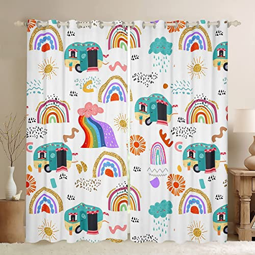 Lodge Kabine Verdunkelungs Vorhänge Regenbogen Hand Gezeichnet Camping Glückliche Glamping Anhänger Vorhänge Vintage Camp Reise Auto Vorhang 2 Panels 140Bx260L,Sonne Wolken Camping Dekor für Wohnmobil