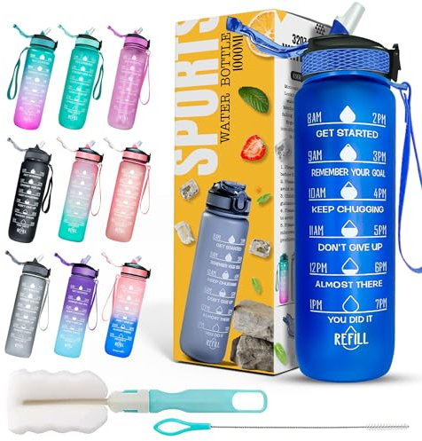 Roe Tenpo Sports Water Bottle with Straw and Time Marking, and 32OZ Capacity - Motivational and Eco-Friendly BPA-Free Bottle for Running, Gym, Yoga, Outdoors, and Camping (Style-1, Blue)