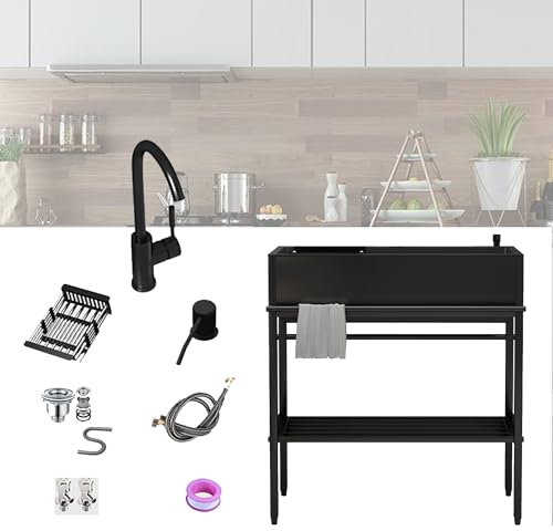 Spüle mit Unterschrank Spülbecken Schwarz Küchenspüle Spültisch Ausgussbecken Edelstahl Mobiles Waschbecken Küche mit Wasserhahn Seifenspender Und Drainage-Komponenten Halterung ( Color : Round faucet