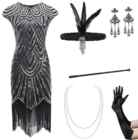 Gammify Vestido de noche para mujer de los años 20 con cuello en V, lentejuelas, perlas y flecos con set de accesorios de los años 20