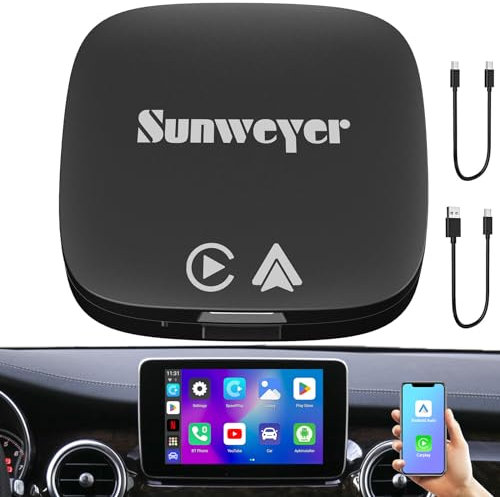 sunweyer SW05 Wireless CarPlay Android Auto Adapter 2+32GB mit Play Store & Netflix/YouTube - Kabellos umrüsten, TF/USB Unterstützung, App Installation (Nur für kabelgebundenem CarPlay/Android Auto)