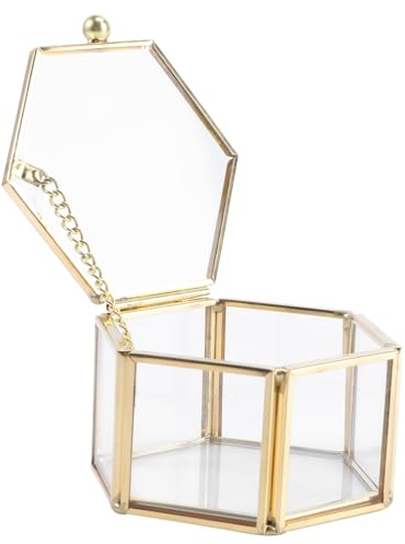 SHERCHPRY Sechseckige Glasringbox mit Klappdeckel, Gold, 1 Stück