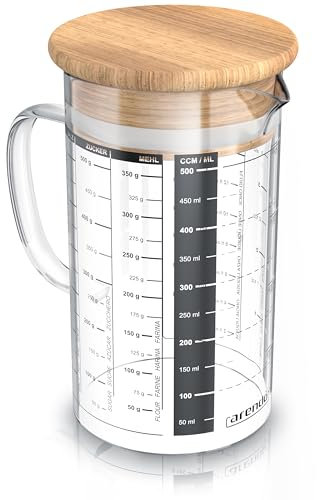 Arendo Glass Measuring jug 500ml 0,5L with Measurements displayed, Transparent Kitchen Measuring jug, Borosilicate Glass jug, Silicone Seal, Transparent Measuring Graduated Glass, Beaker with lid