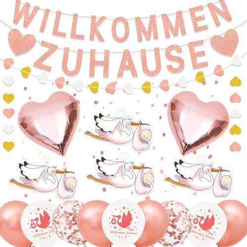 Willkommen Baby Mädchen - Storch Geburt Deko Set Mit 6 Stück für Draußen, Vormontierte Herzlich Willkommen Girlande, Babyparty Deko