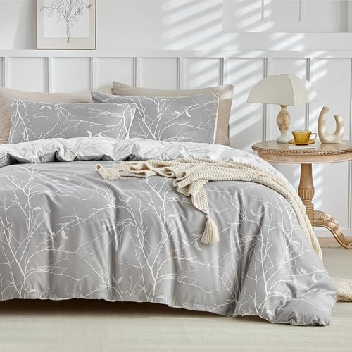 Tokokimo Funda Nordica Cama 135/150 - Microfibra Juego de Funda Edredon 240x220 cm con Cremallera - y 2 Fundas de Almohada 50x75 cm - Diseño Estilo Rama y Hoja, Gris/Blanco