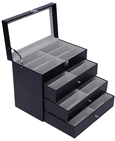 MINRS 33.5 x 19 x 29.5 cm Brillenaufbewahrung Brillenbox Brillenetui zur Aufbewahrung von 24 Brillen mit Schaufenster aus Glas,Sonnenbrille Aufbewahrung Uhr Schmuck Stapelbar Aufbewahrungbox