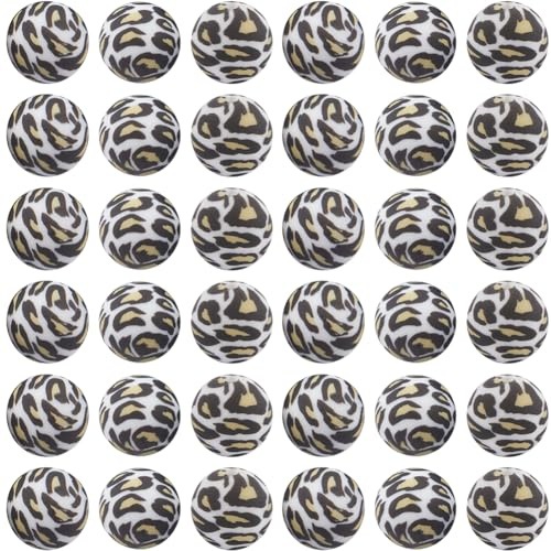 SUNNYCLUE 1 Box 50 Stück 15mm Silikonperlen Mit Leopardenmuster Kugel Runde Bedruckte Perle Großpackung Mit Weichem Gummi Blumenmuster Brennpunkt Lose Abstandshalter Schlüsselbandperlen Zur Schmuckhe