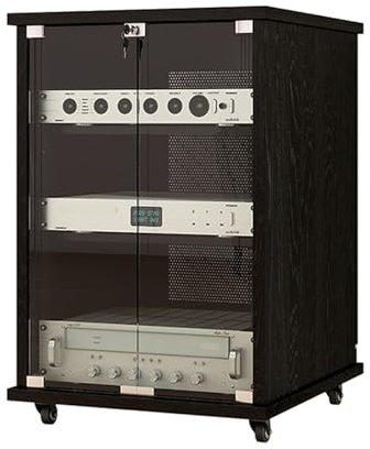GUAWJRZDP 4-stufiger 9. Audio Rack HiFi Regal, Phonoschrank mit Höhenverstellbaren Holzregalen, Mobiles Geschlossenes Plattenspieler Regal, Türen Aus Gehärtetem Glas, Kabelmanagement(Nero,16u)